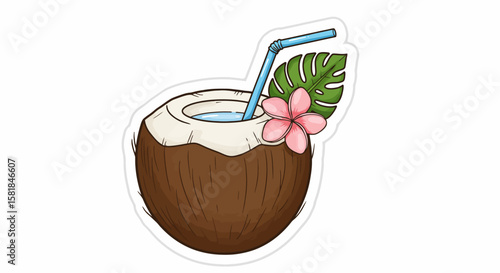 A cartoon coconut with a drink and tropical decorations.