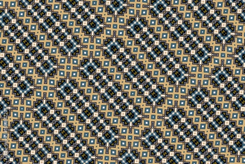 Intricate geometric pattern, stylish square design, beige and blue, modern home decor, elegant textiles, vintage wallpaper