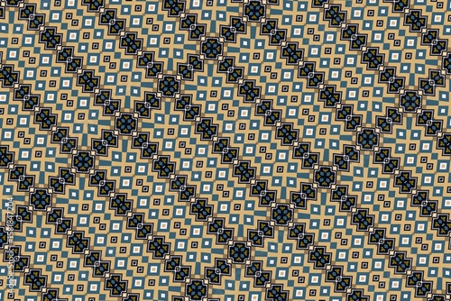 Intricate geometric pattern, blue and beige, elegant square design, luxurious textiles, vintage wallpaper, modern geometric decor, stylish home patterns