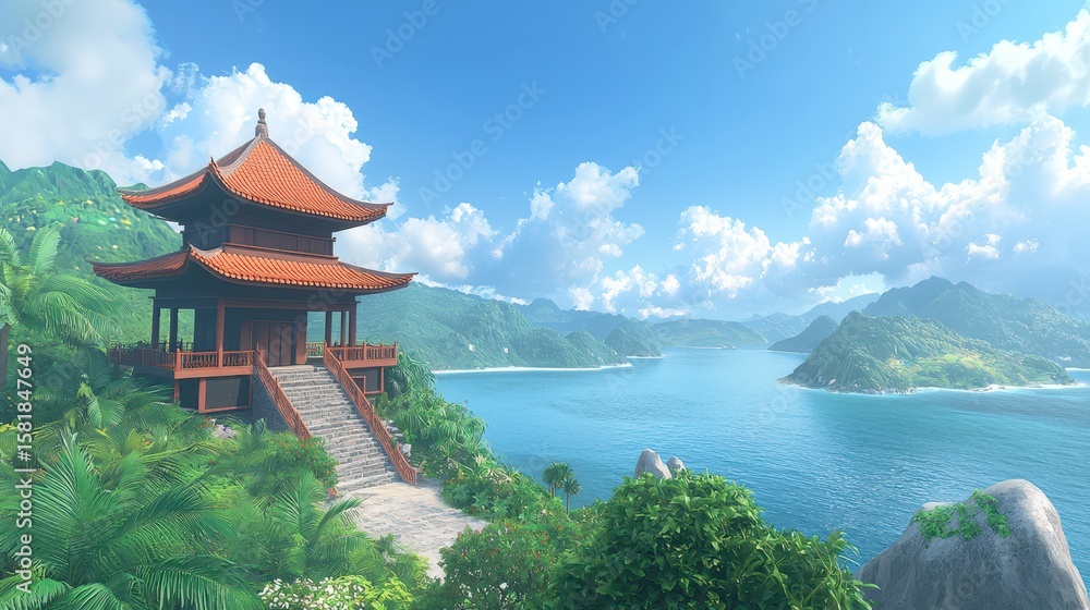 Majestic pagoda on a precipitous cliff overlooking tranquil waters, serene escape Majestic pagoda on a precipitous cliff overlooking tranquil waters, serene escape