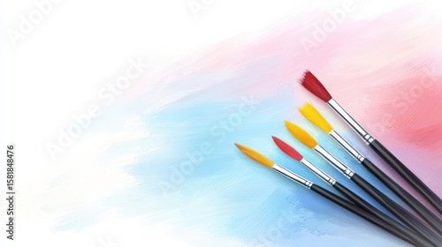 Three brushes and a paintbrush on pristine white background, study in artistic tools