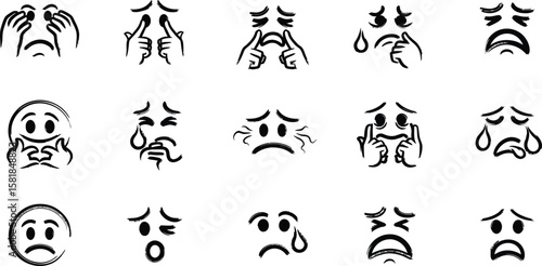 Funny black and white emoji face icon set with sad, worried, confused, and crying expressions, ideal for reaction, chat, and mood design assets.