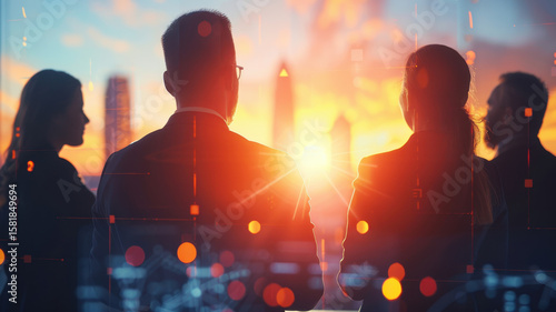 Corporate leaders observing digital enterprise network at sunset, symbolizing innovation and strategy