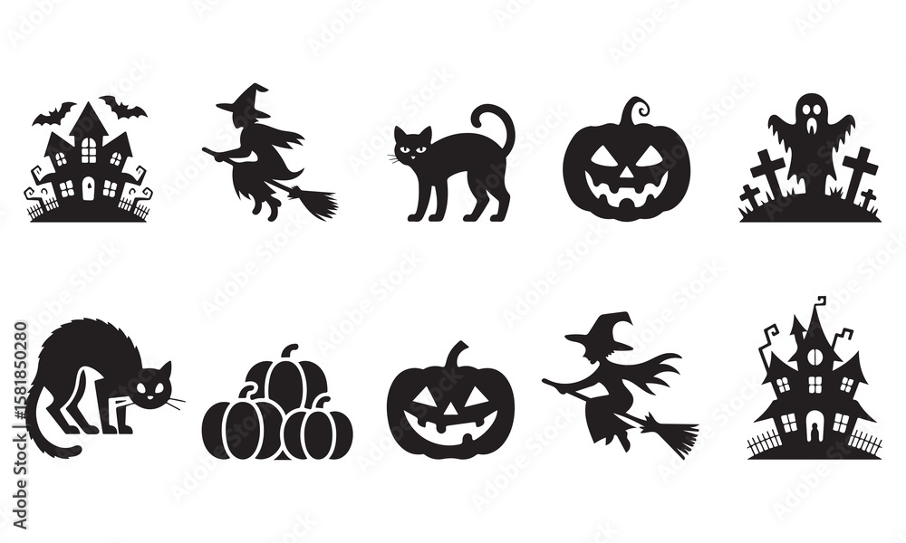 Fototapeta premium Halloween silhouette icon set black vector on white background