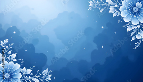 Elegant blue floral background with soft glowing light and decorative corners