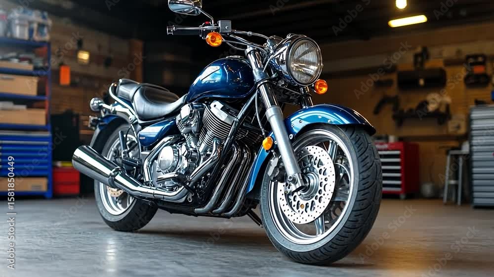 Dark blue cruiser motorcycle parked in a dimly lit garage. The motorcycle is the main focus, with a blurred background of shelves and tools Dark blue cruiser motorcycle parked in a dimly lit garage. The motorcycle is the main focus, with a blurred background of shelves and tools