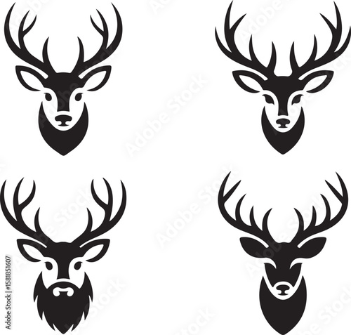 Deer Head Silhouette Collection with Antlers Vector Graphic Illustration