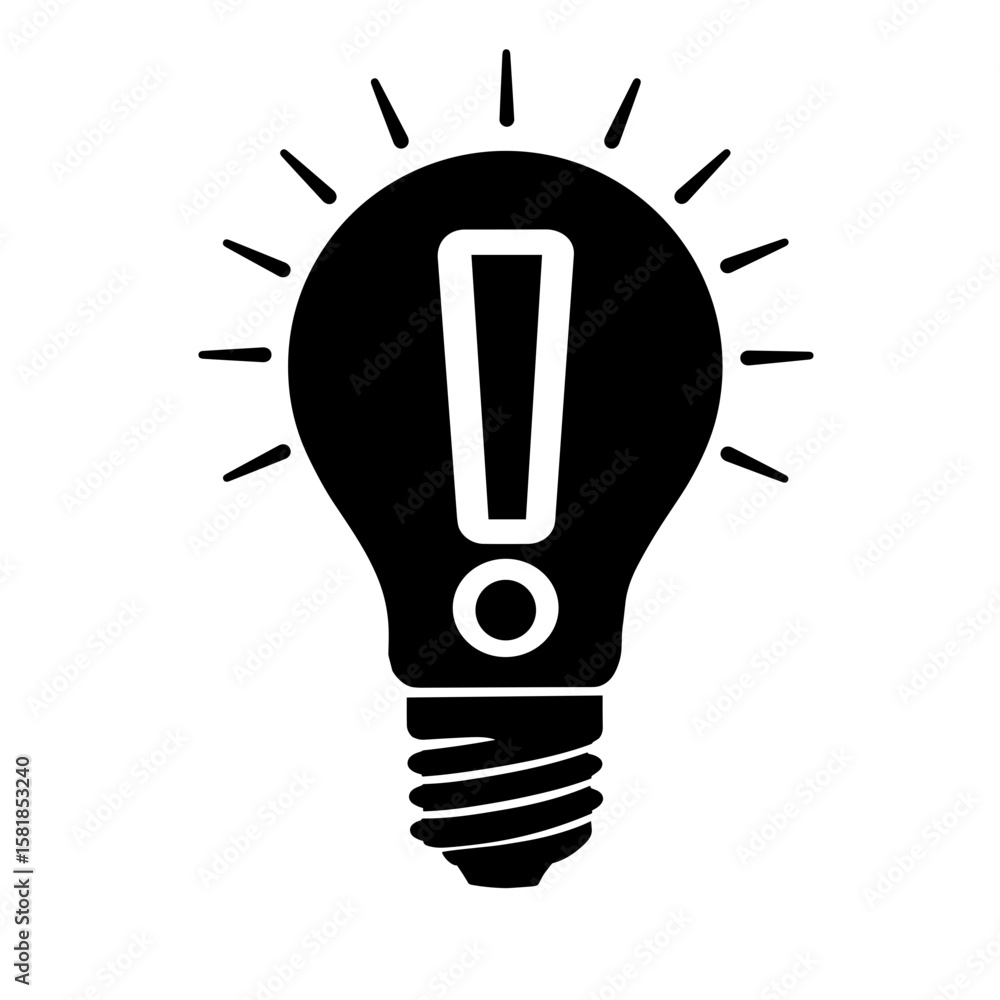 Bulb with exclamation mark in black silhouette on white background Bulb with exclamation mark in black silhouette on white background