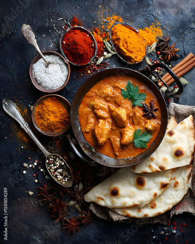 Rustic Indian Chicken Curry with Spices and Flatbread on Table
