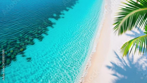 Serene tropical beach with crystal-clear waters and palm shadows