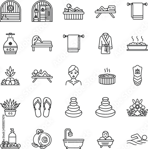 Spa and Wellness Line Icons Set: Sauna, Massage & Relaxation Symbols