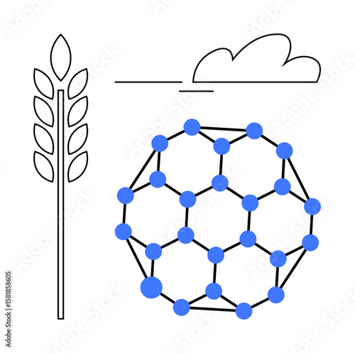 Wheat stalk alongside nanostructure and cloud represents fusion of agriculture and science. Ideal for sustainability, biochemistry, farming innovation, crop research, eco-technology, food safety