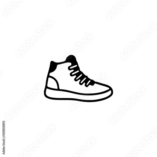 Simple black and white hand-drawn icon of a basketball sneaker in outline style. Vector illustration of a high-top shoe for sport, running, and streetwear. Minimalist and clean design isolated 