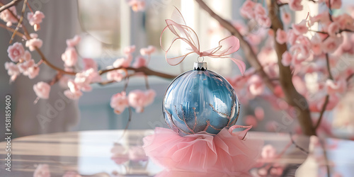 Blue Ornament with Pink Tulle on Cherry Blossom Branch

