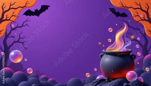 whimsical cauldron themed frame with magical bubbles rising from each bottom corner, bats circling above, and a cloudy purple center area left blank for any holiday messaging or branding.