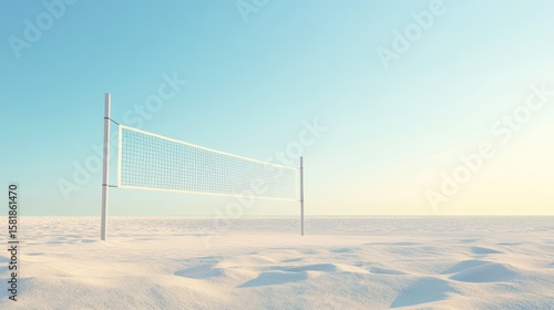 Empty volleyball court on a snow-covered beach