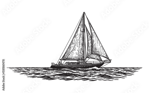 Sailboat on the Ocean Waves Vintage Engraving Illustration

