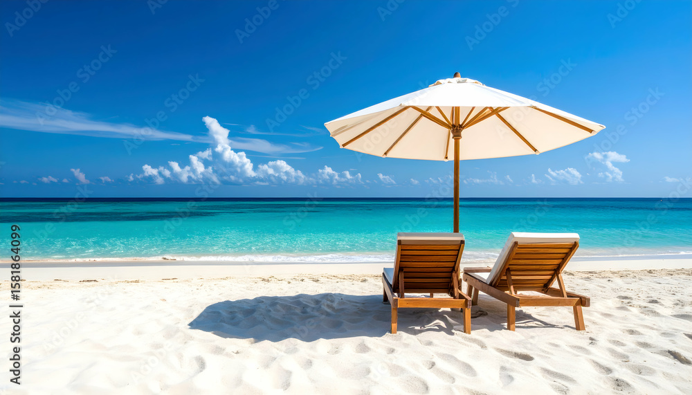 custom made wallpaper toronto digitalEmpty Beach Loungers and White Umbrella on Pristine Tropical White Sand Beach by Turquoise Ocean Under Blue Sky