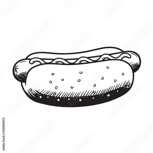 Hand drawn hot dog with mustard sausage black and white
