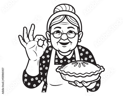 eldery Grandmother Holding a Pie Mascot Vector Illustration