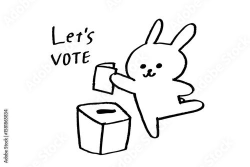 Let's VOTE！投票呼びかけイラスト・ウサギキャラのモノクロ選挙素材