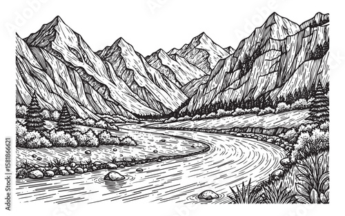 Mountain Valley with River Vintage Engraving