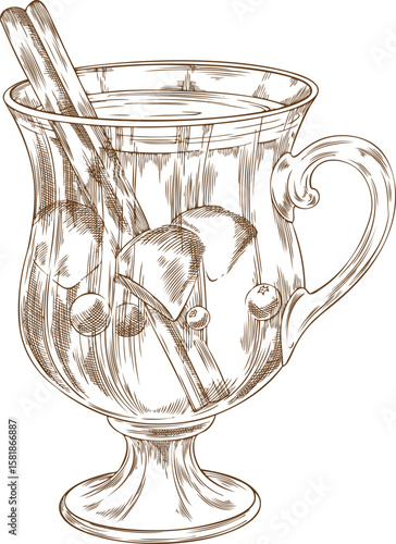 Glass of mulled wine with apples, ginger, mistletoe berries and cinnamon rolled sticks vector engraved sketch, hot drink