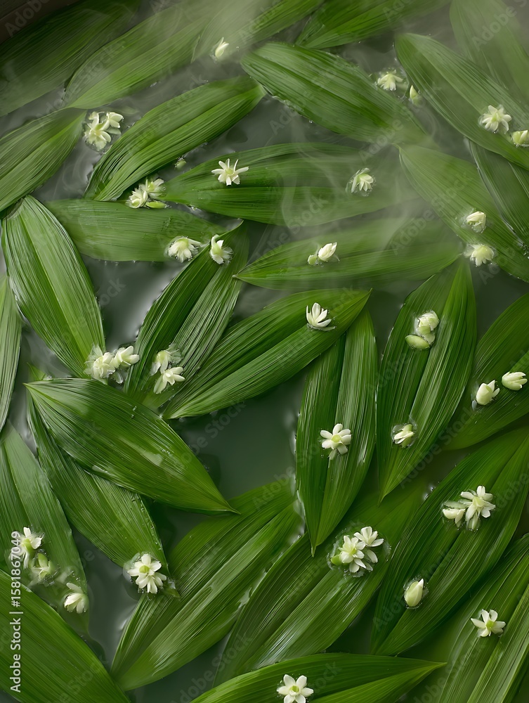 Obraz premium Serene Spa Setting Lush Green Leaves and Delicate White Flowers Floating on Water.