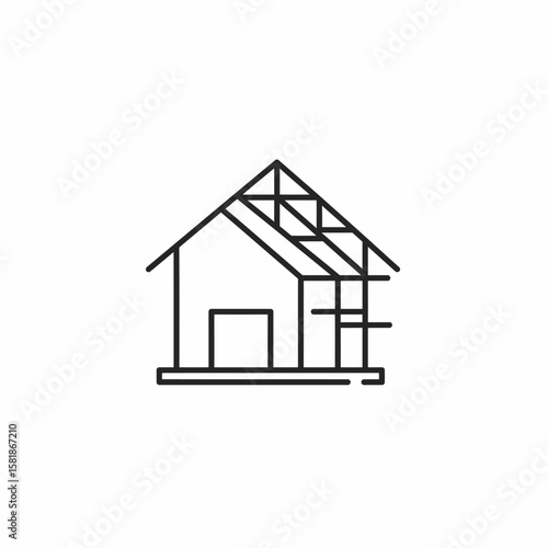 Line art illustration of a house under construction, showing its frame and roof structure, suitable for architectural or real estate projects needing a simple yet descriptive visual.