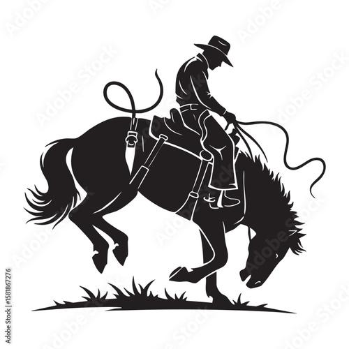 Cowboy Riding a Bucking Bronco Horse Rodeo engraving vector illustration