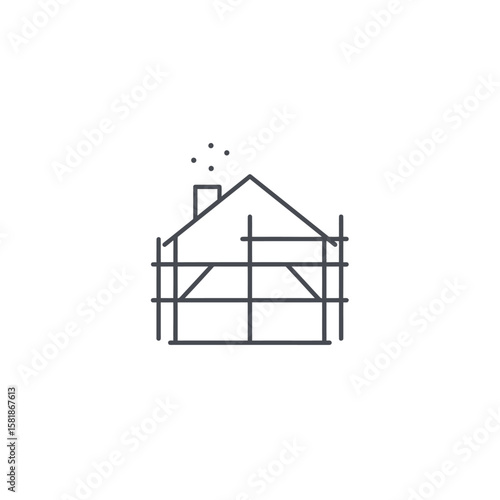 Simple black line art icon of a house with scaffolding, representing construction, real estate, renovation, or architectural planning for new homes.