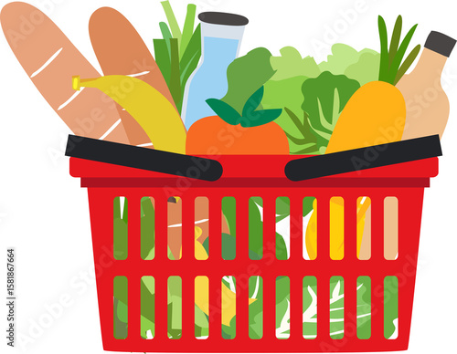 Online shopping and grocery delivery service, Shopping basket with grocery foods and receipt bill. Supermarket and discount store on png background