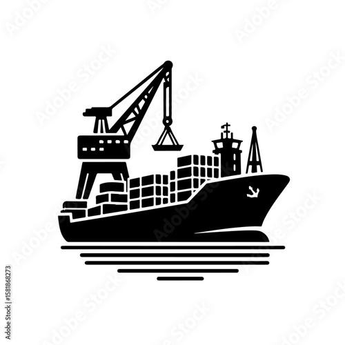 silhouette of Cargo ship and port crane