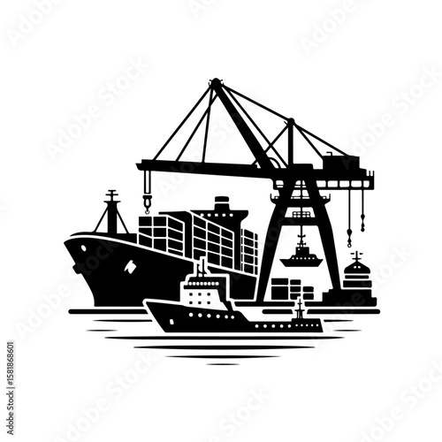 silhouette of Cargo ship and port crane