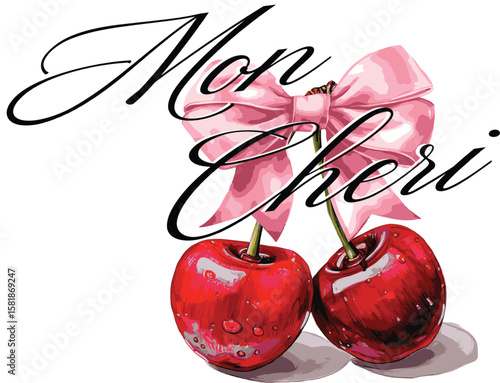 Cherry Cherries bow mon cherie French romantic  Script Slogan Graphic Tee t-shirt logo artwork typography tote badge emblem crest Fashion trendy Europe  euro summer clothing slogan design