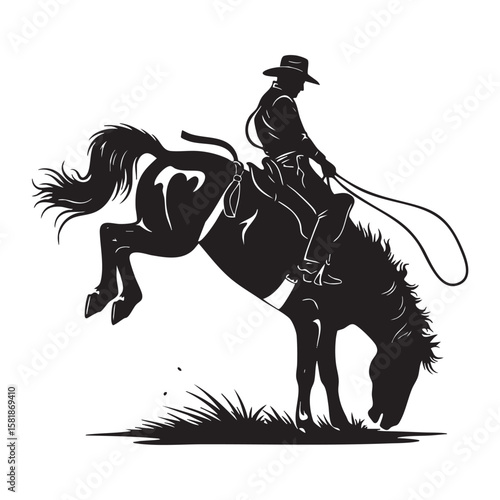 Cowboy Riding a Bucking Bronco Horse Rodeo engraving vector illustration