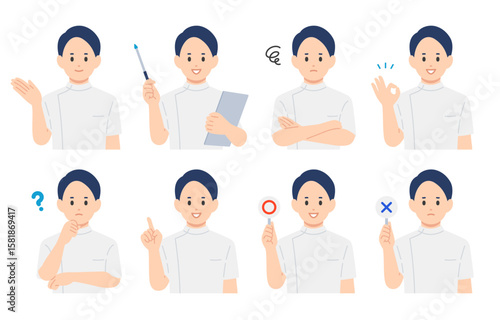 いろいろな表情･ポーズをする男性医師･看護師･技師のセット【人物ベクターイラスト素材】