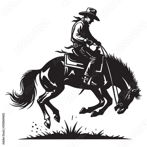 Cowboy Riding a Bucking Bronco Horse Rodeo engraving vector illustration