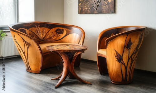 art nouveau furniture, flowing organic lines, natural motifs, inlaid wood, curved silhouettes, early 20th century style 