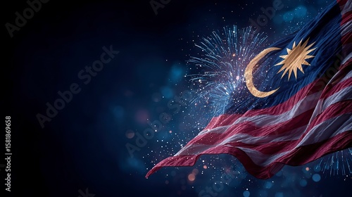 Modern graphic composition of Malaysia flag elements, fireworks in background, Independence Day celebration, minimalist commercial style