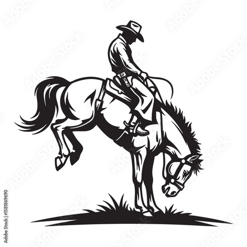 Cowboy Riding a Bucking Bronco Horse Rodeo engraving vector illustration
