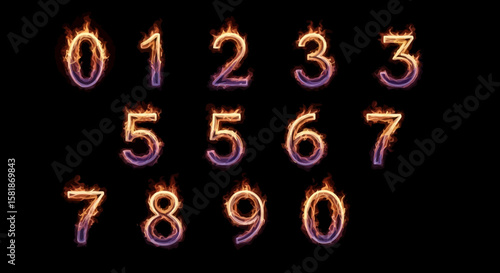 Burning Numbers Collection From Zero to Nine on Black Background