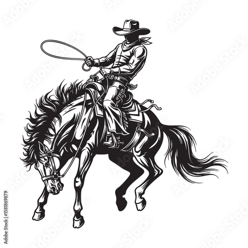 Cowboy Riding a Bucking Bronco Horse Rodeo engraving vector illustration