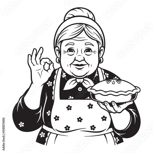 eldery Grandmother Holding a Pie Mascot Vector Illustration