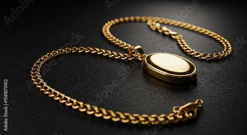 Elegant Gold Chain Necklace with Oval Pendant on Black Surface
