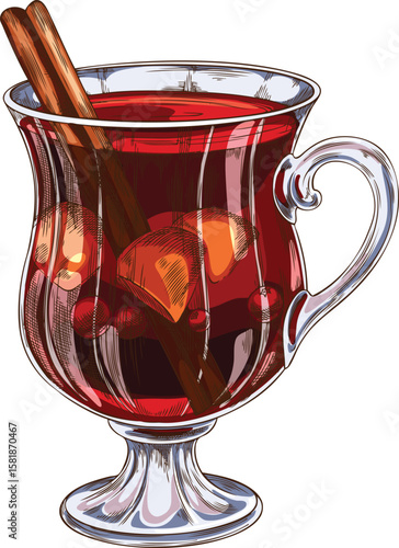 Glass of mulled wine with apples, ginger, mistletoe berries and cinnamon rolled sticks vector sketch, hot winter drink