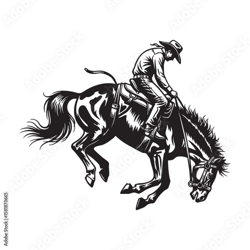 Cowboy Riding a Bucking Bronco Horse Rodeo engraving vector illustration
