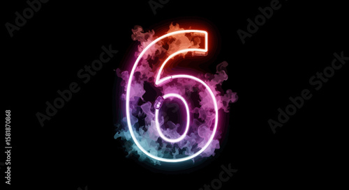 Glowing Number Six with Colorful Smoke on Black Background