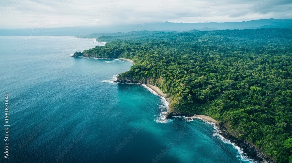 Fototapeta premium Aerial drone view of isla del caño in costa rica featuring a tropical island landscape with lush green jungle surrounded by clear blue ocean waters, capturing natural beauty and exotic coastal scenery