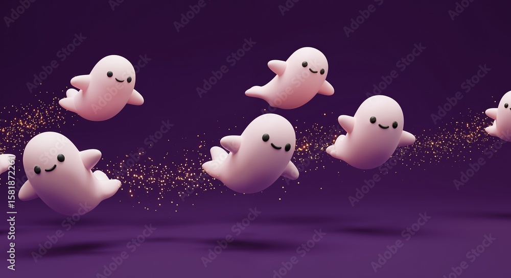 Cute kawaii ghosts floating on purple background with sparkles and stars. Adorable white spirits with happy faces. Halloween october celebration concept. Party decorations children toys